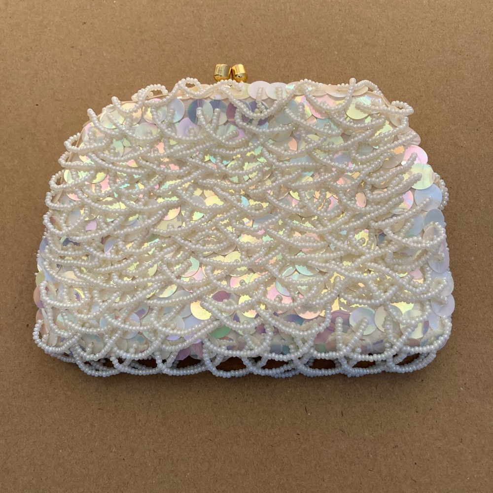 Elegant White Sequin Beaded Clutch